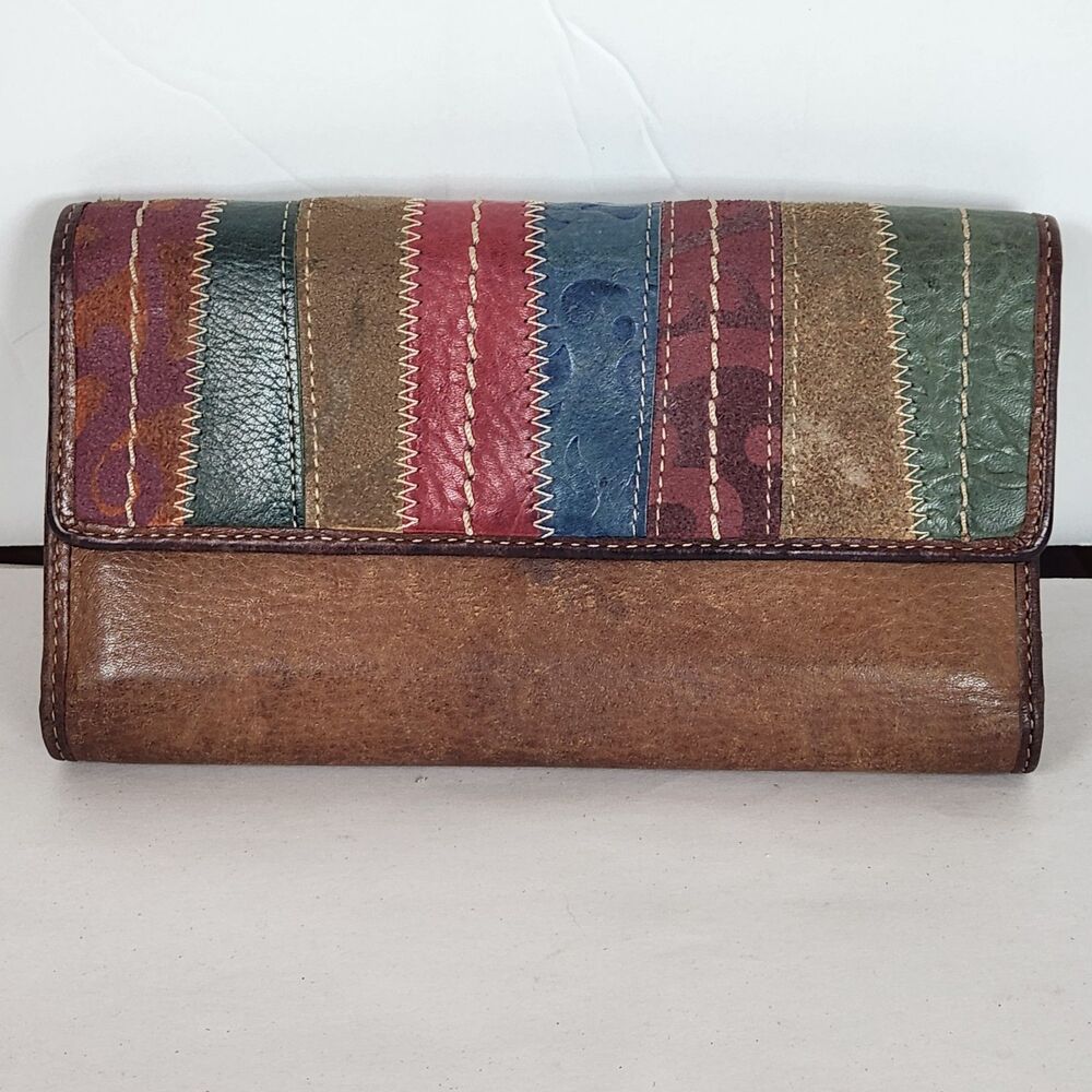 Vintage Fossil Genuine Leather Trifold Wallet‎ Patchwork Womens, 7"Lx 4.25"H